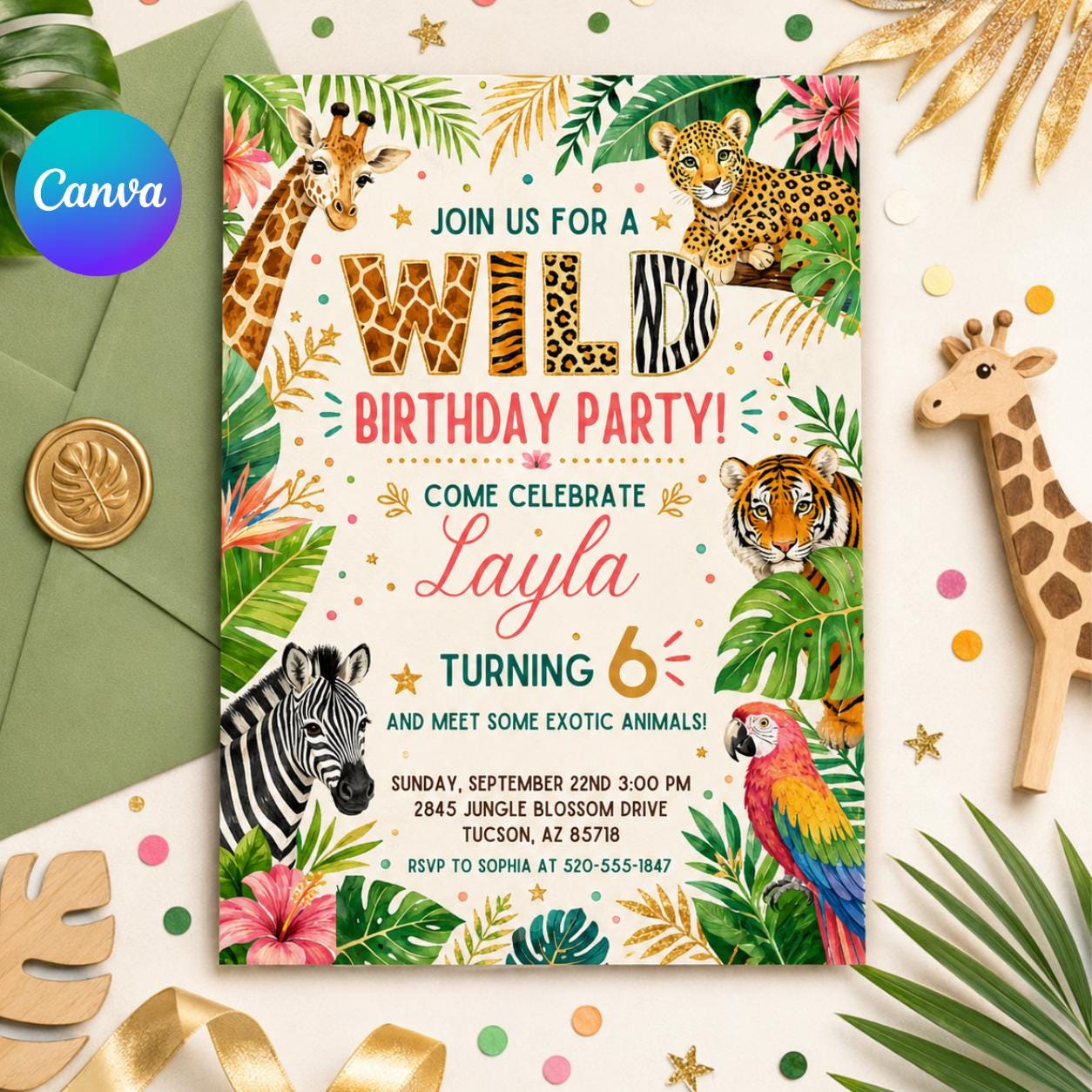 wild Animal Birthday Invitation Jungle Animal Birthday Invite Zebra, Giraffe, Cheetah, Tiger Animal Birthday Party, Editable Canva Template __etsy:7997166062