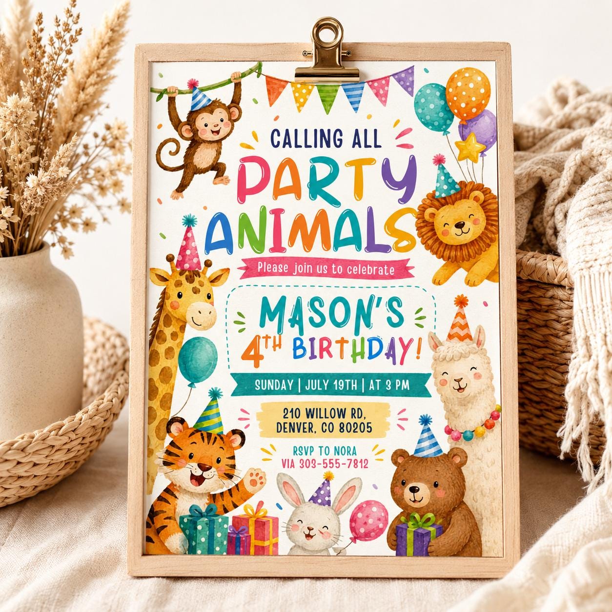 wild Animal Birthday Invitation Jungle Animal Birthday Invite Zebra, Giraffe, Cheetah, Tiger Animal Birthday Party, Editable Canva Template __etsy:8018507814