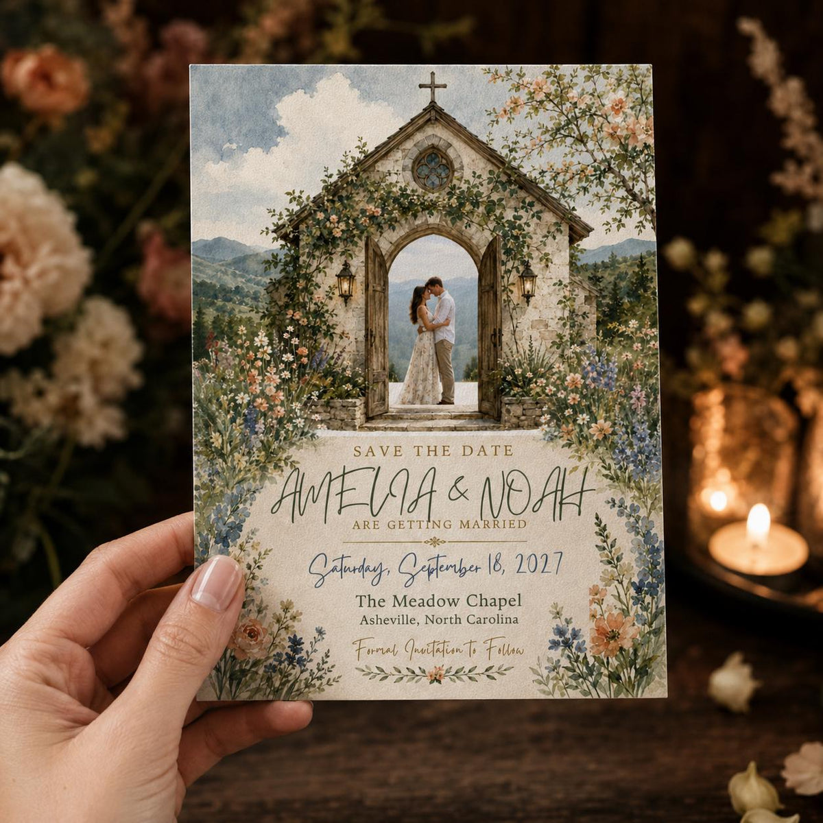 Wildflower Chapel Wedding Save the Date with Photo — announcement card you personalize in Canva