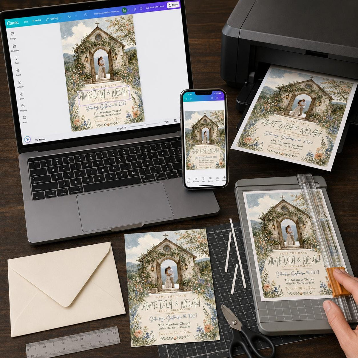 Wildflower Chapel Wedding Save the Date with Photo — floral wedding design