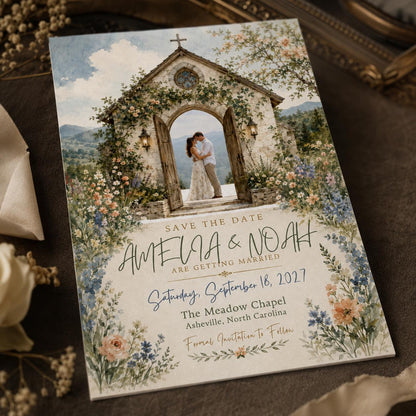 Wildflower Chapel Wedding Save the Date with Photo — print-ready wedding design from VoltBy