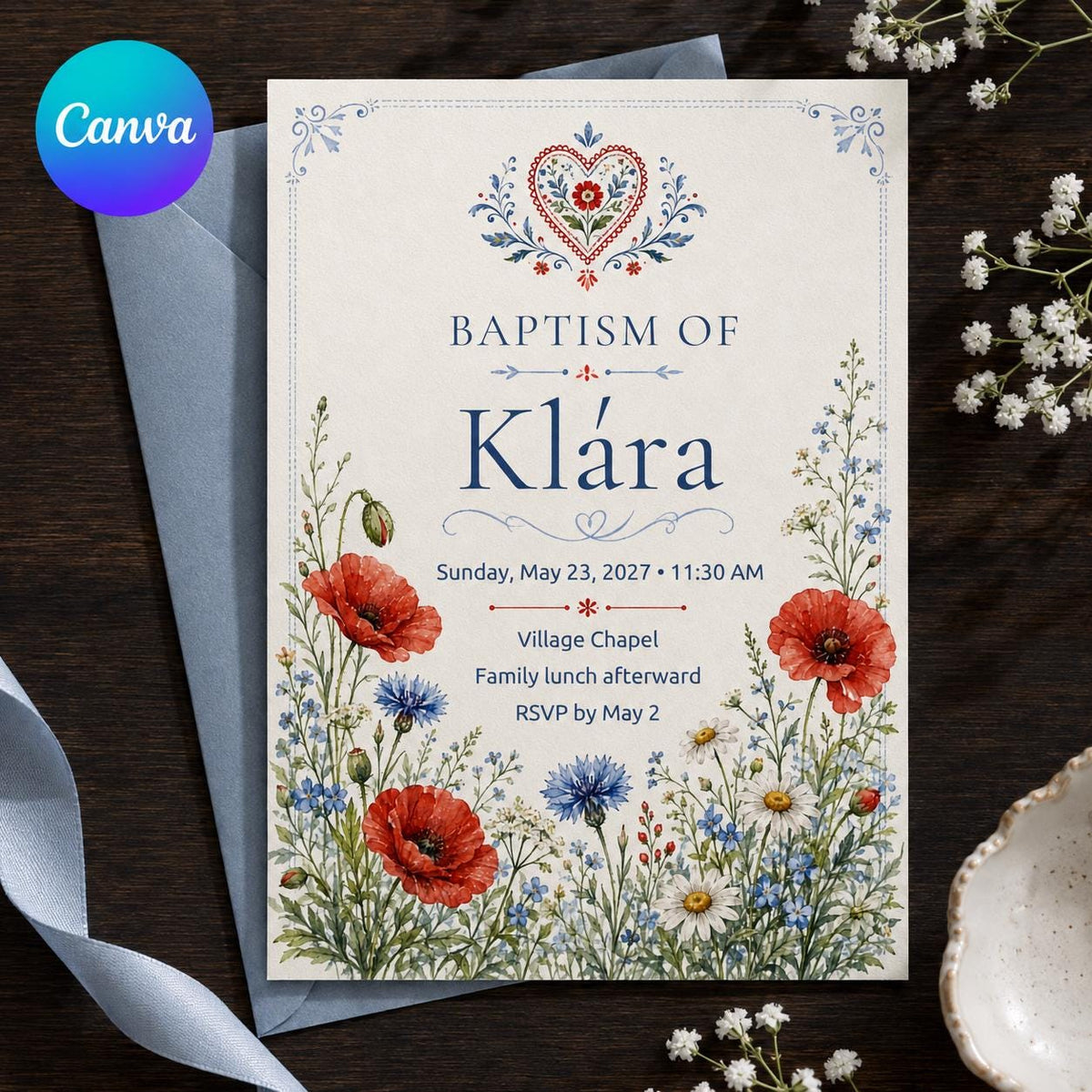 Wildflower Floral Baptism Invitation — editable Canva template