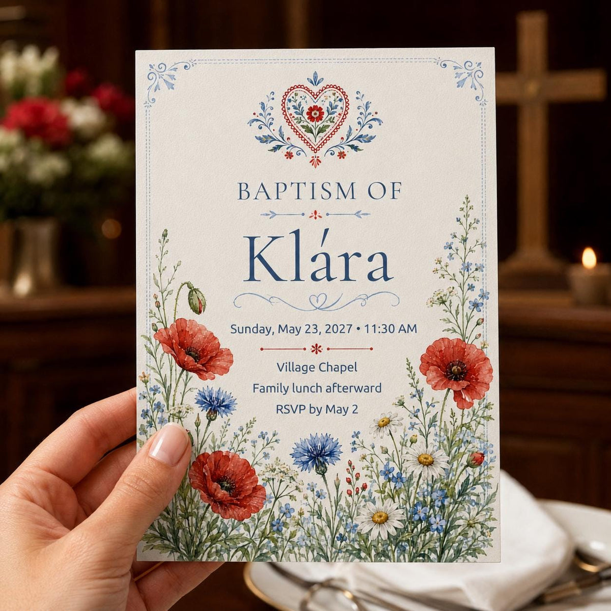 Wildflower Floral Baptism Invitation — print-ready baptism design from VoltBy