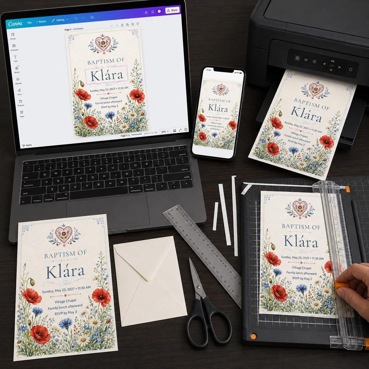 Wildflower Floral Baptism Invitation — digital invitation, instant download