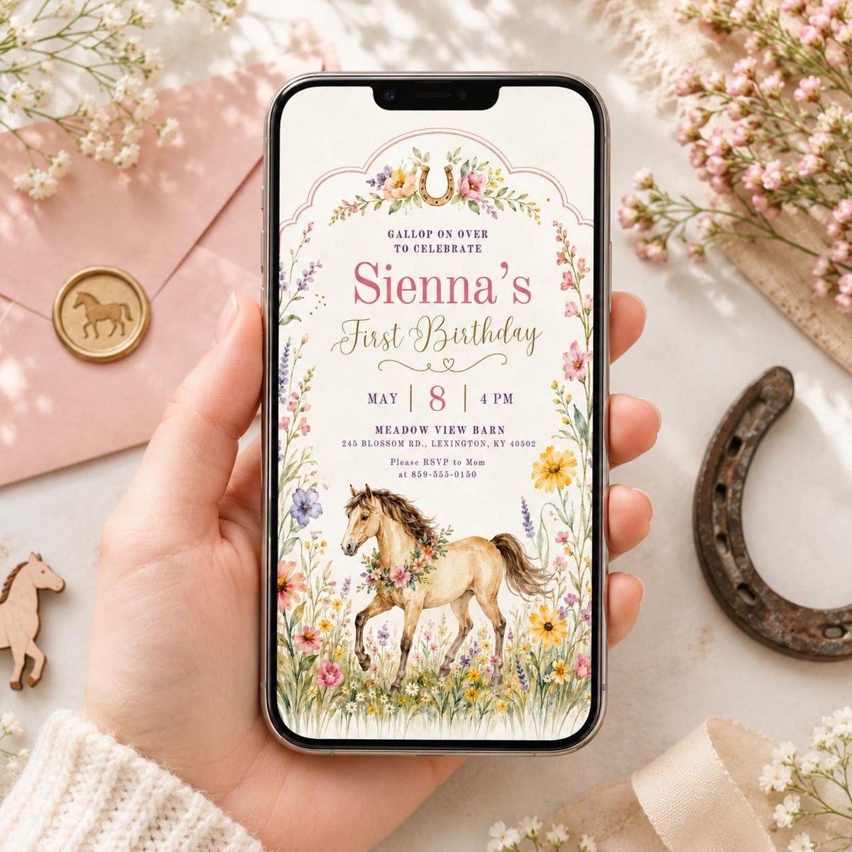 Wildflower Pony First Birthday Invitation — horse design