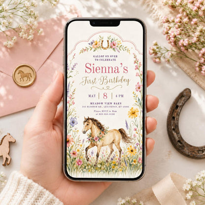 Wildflower Pony First Birthday Invitation — horse design