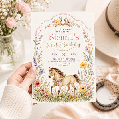 Wildflower Pony First Birthday Invitation — floral first birthday design
