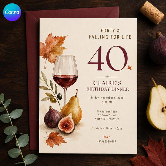 Wine 40th Birthday Invitation — editable Canva template