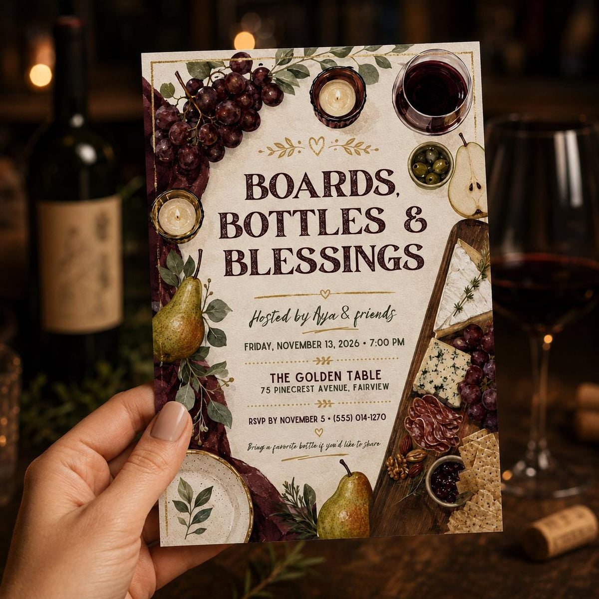 Wine Charcuterie Party Invitation — print-ready Friendsgiving design from VoltBy