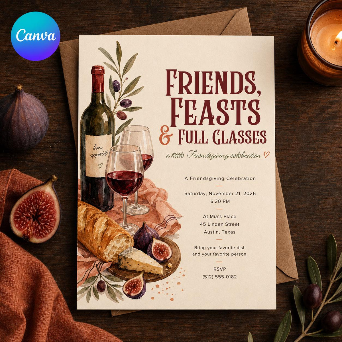 Wine Friendsgiving Invitation — editable Canva template