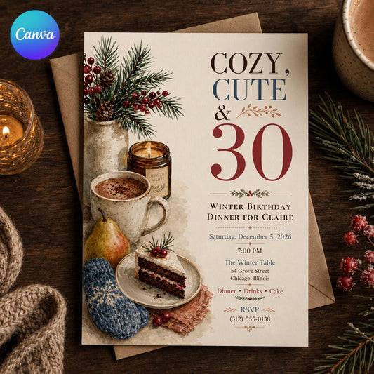 Winter 30th Birthday Invitation — editable Canva template