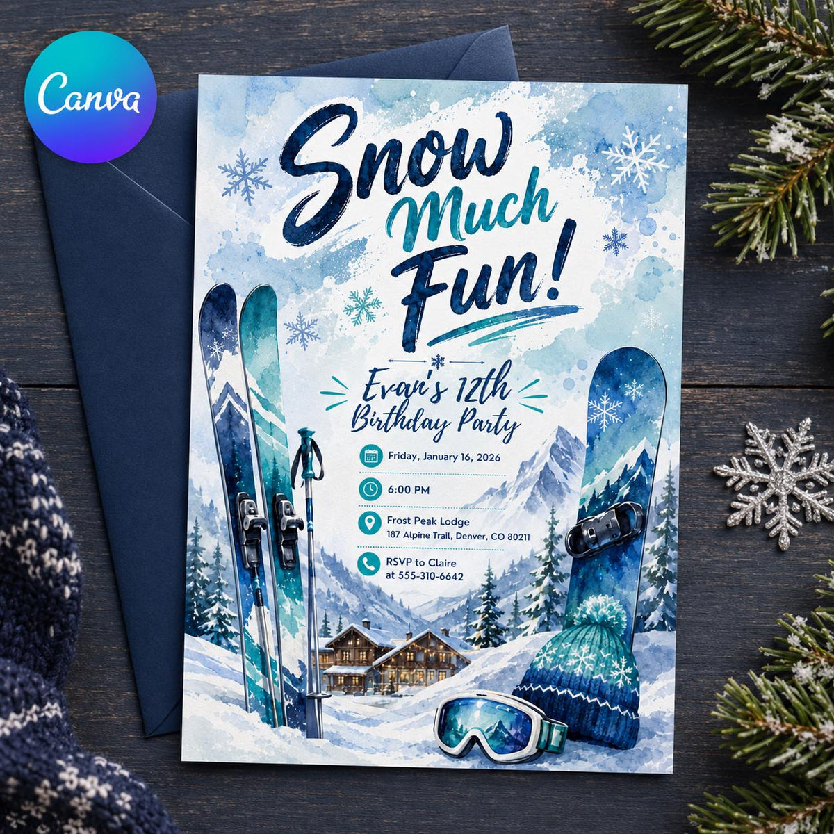 Winter Ski 12th Birthday Invitation — editable Canva template