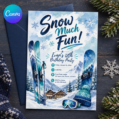 Winter Ski 12th Birthday Invitation — editable Canva template