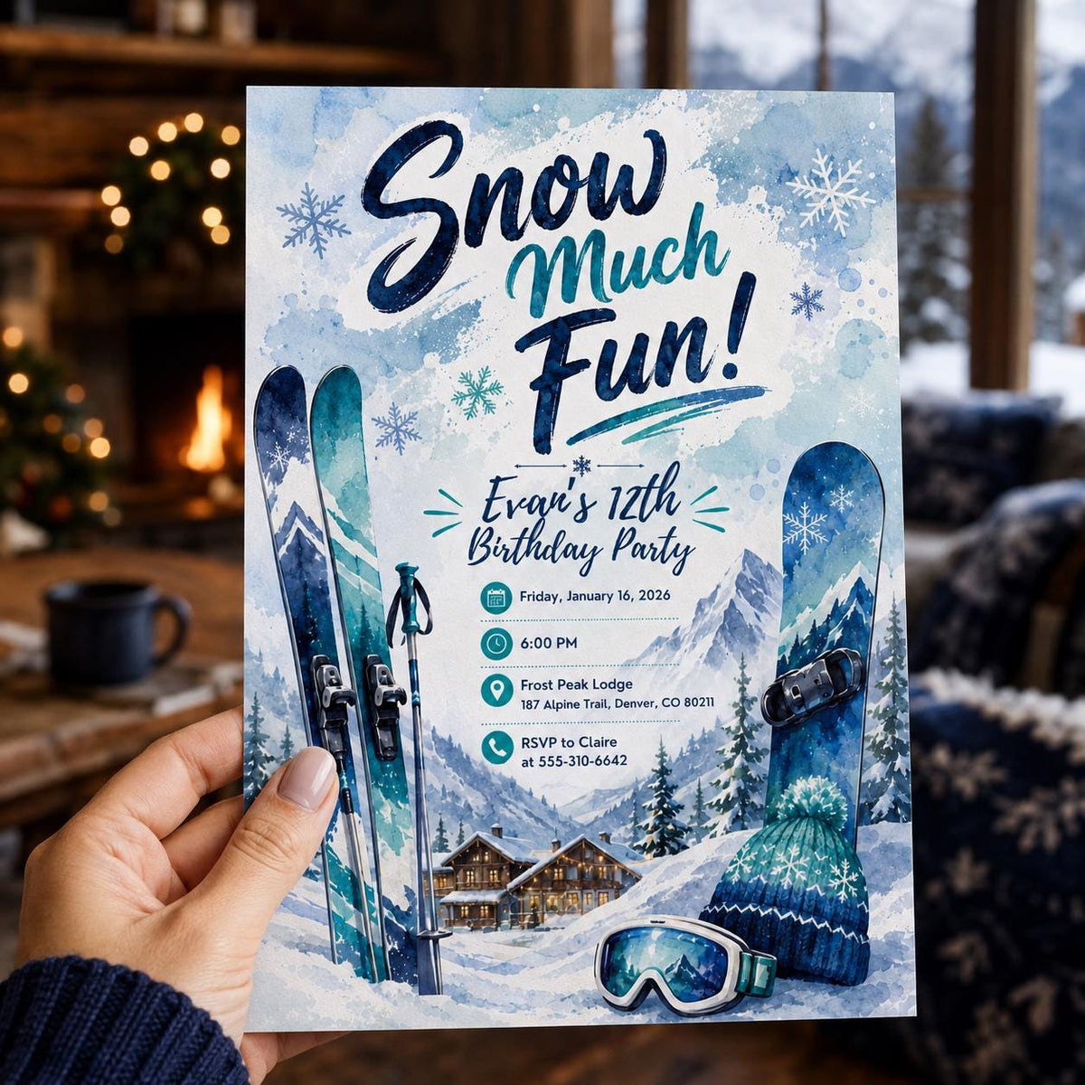 Winter Ski 12th Birthday Invitation — print-ready 12th birthday party design from VoltBy