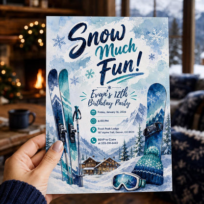 Winter Ski 12th Birthday Invitation — print-ready 12th birthday party design from VoltBy