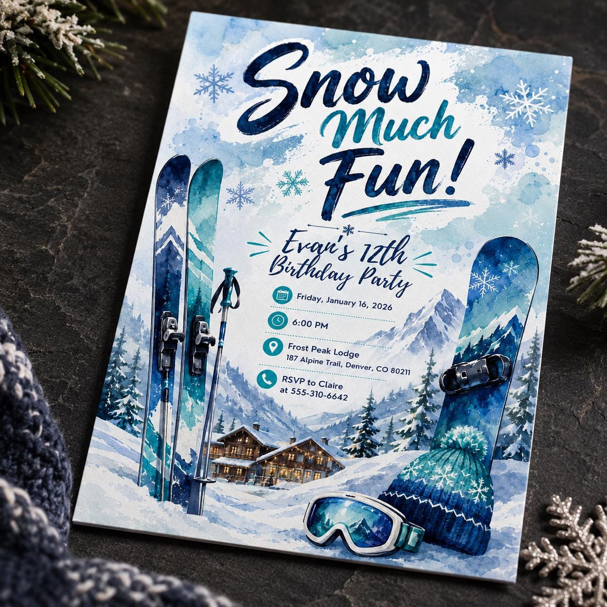 Winter Ski 12th Birthday Invitation — 12th birthday party stationery by VoltBy