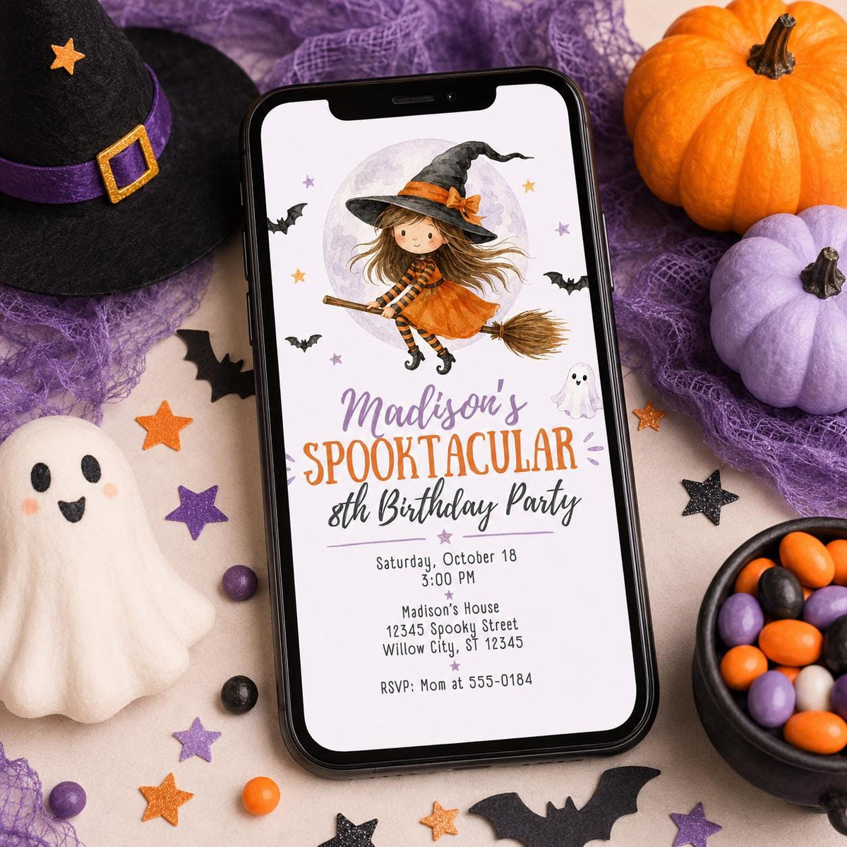 Witch Birthday Invitation for Girls — invitation you personalize in Canva
