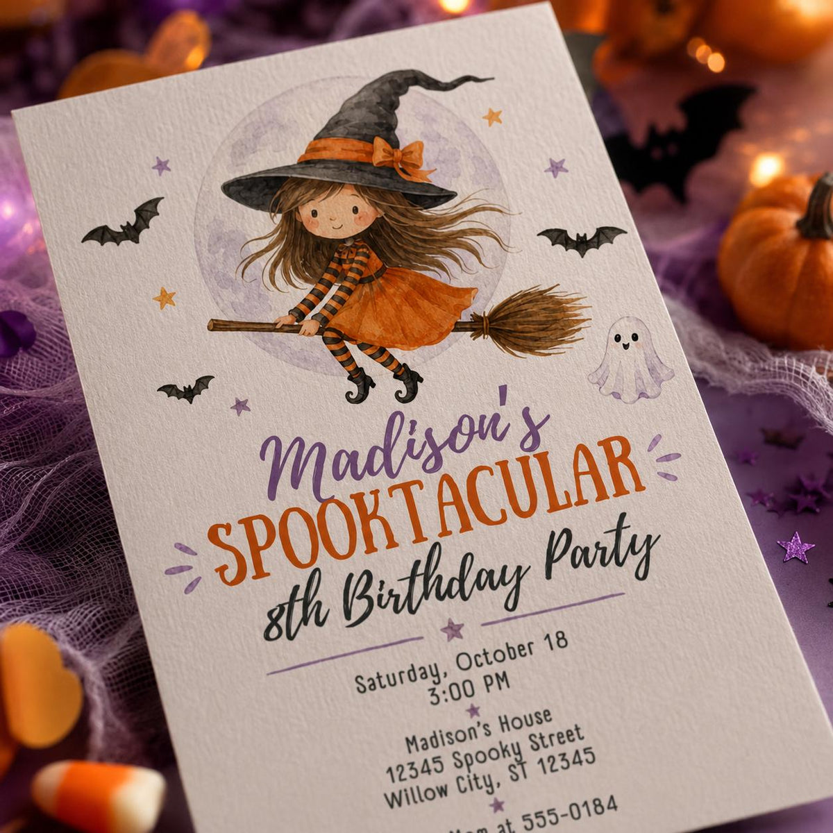 Witch Birthday Invitation for Girls — print-ready birthday party design from VoltBy