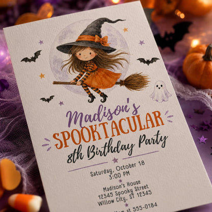 Witch Birthday Invitation for Girls — print-ready birthday party design from VoltBy