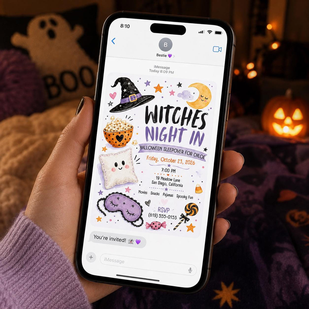 Witch Halloween Sleepover Invitation for Girls — invitation you personalize in Canva