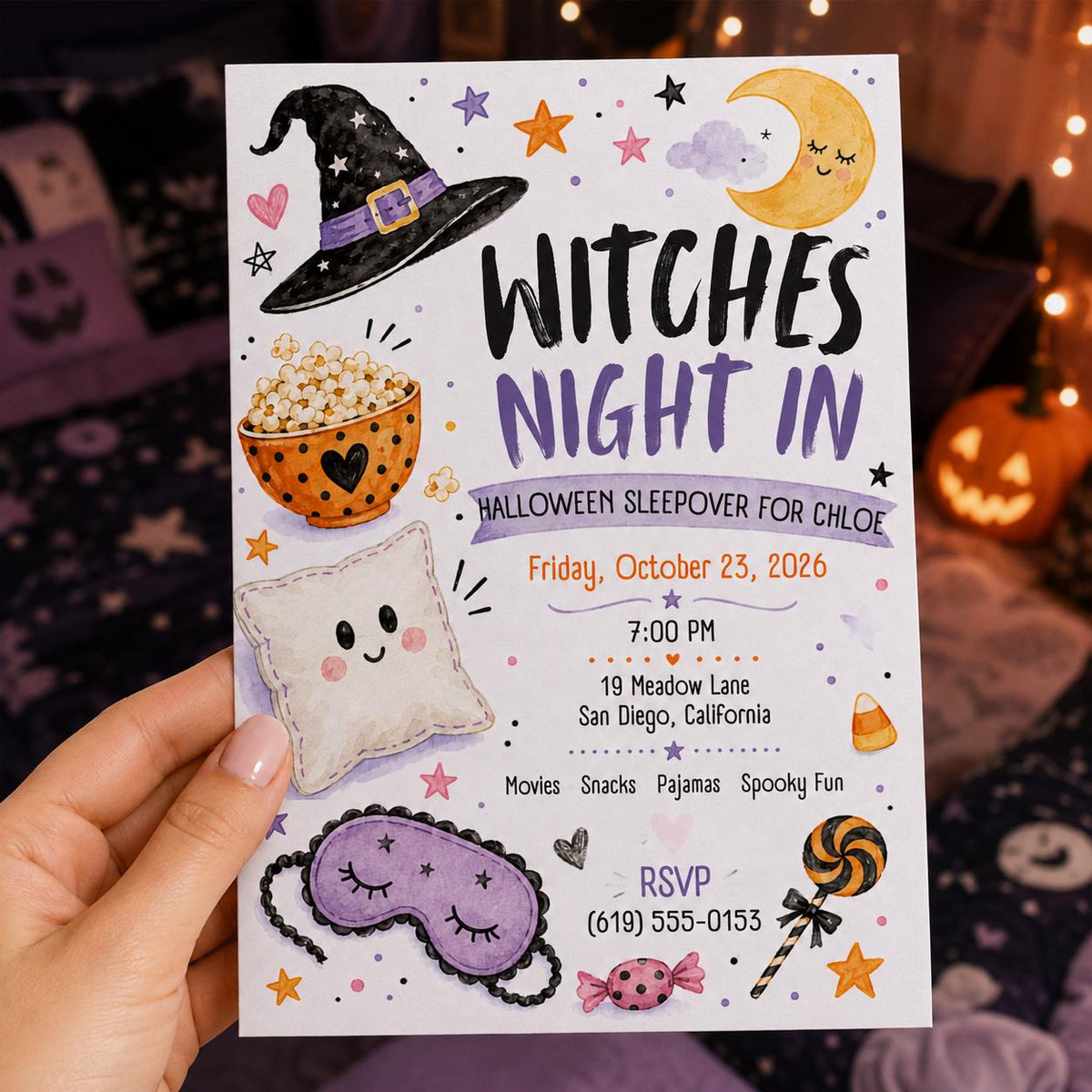 Witch Halloween Sleepover Invitation for Girls — print-ready Halloween party design from VoltBy