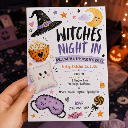 Witch Halloween Sleepover Invitation for Girls — print-ready Halloween party design from VoltBy