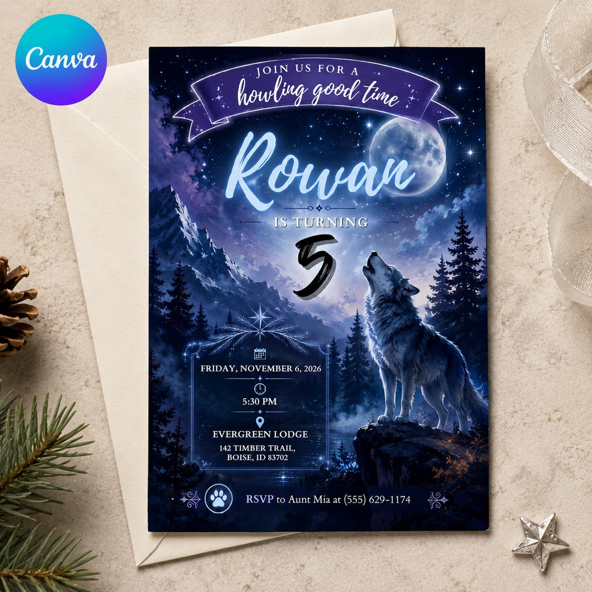 Wolf 5th Birthday Invitation for Boys — editable Canva template
