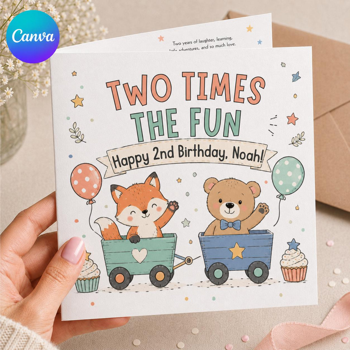 Woodland 2nd Birthday Greeting Card for Boy — editable Canva template