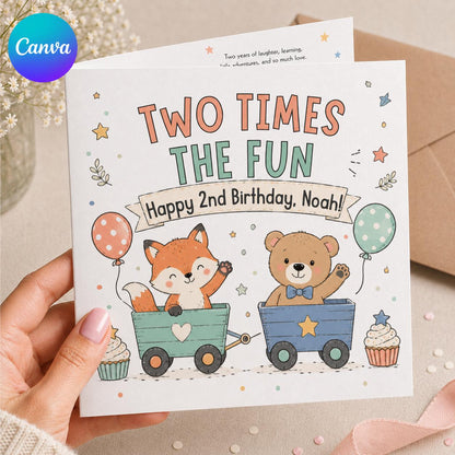 Woodland 2nd Birthday Greeting Card for Boy — editable Canva template