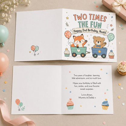 Woodland 2nd Birthday Greeting Card for Boy — greeting card you personalize in Canva