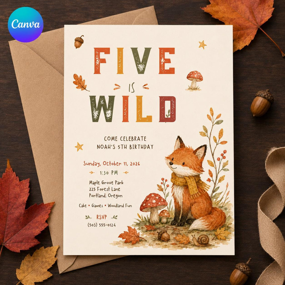 Woodland 5th Birthday Invitation — editable Canva template