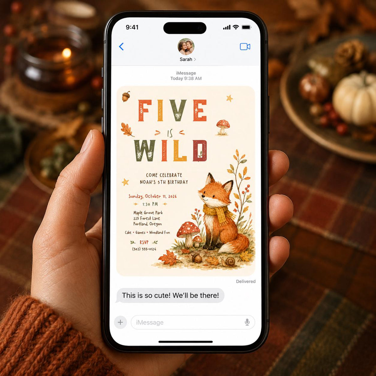 Woodland 5th Birthday Invitation — fox design