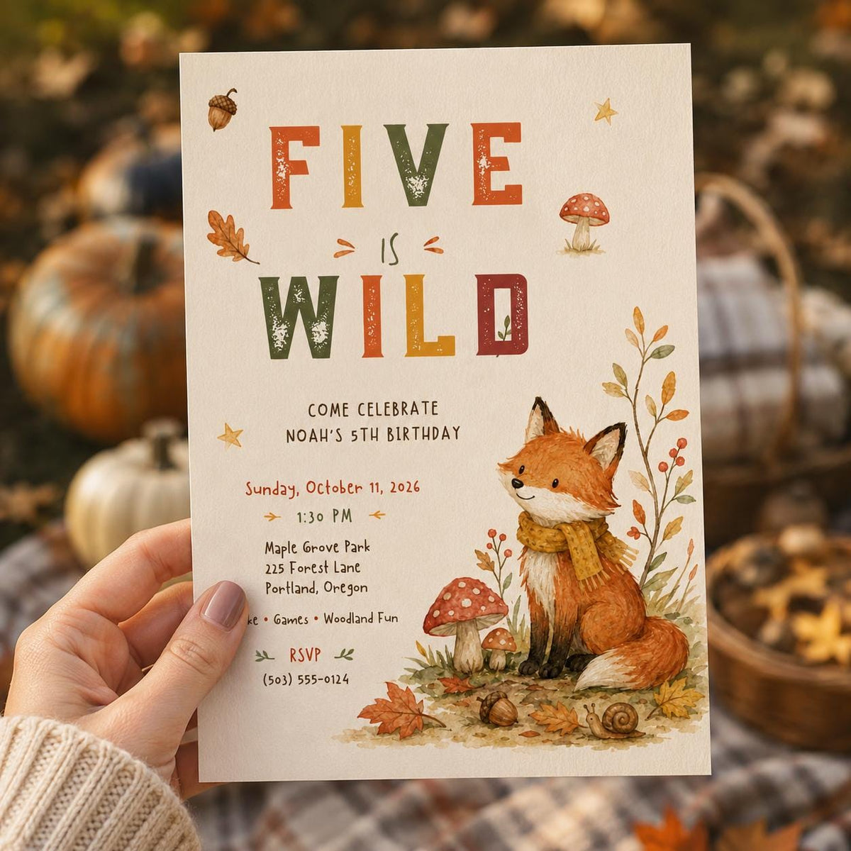 Woodland 5th Birthday Invitation — invitation you personalize in Canva