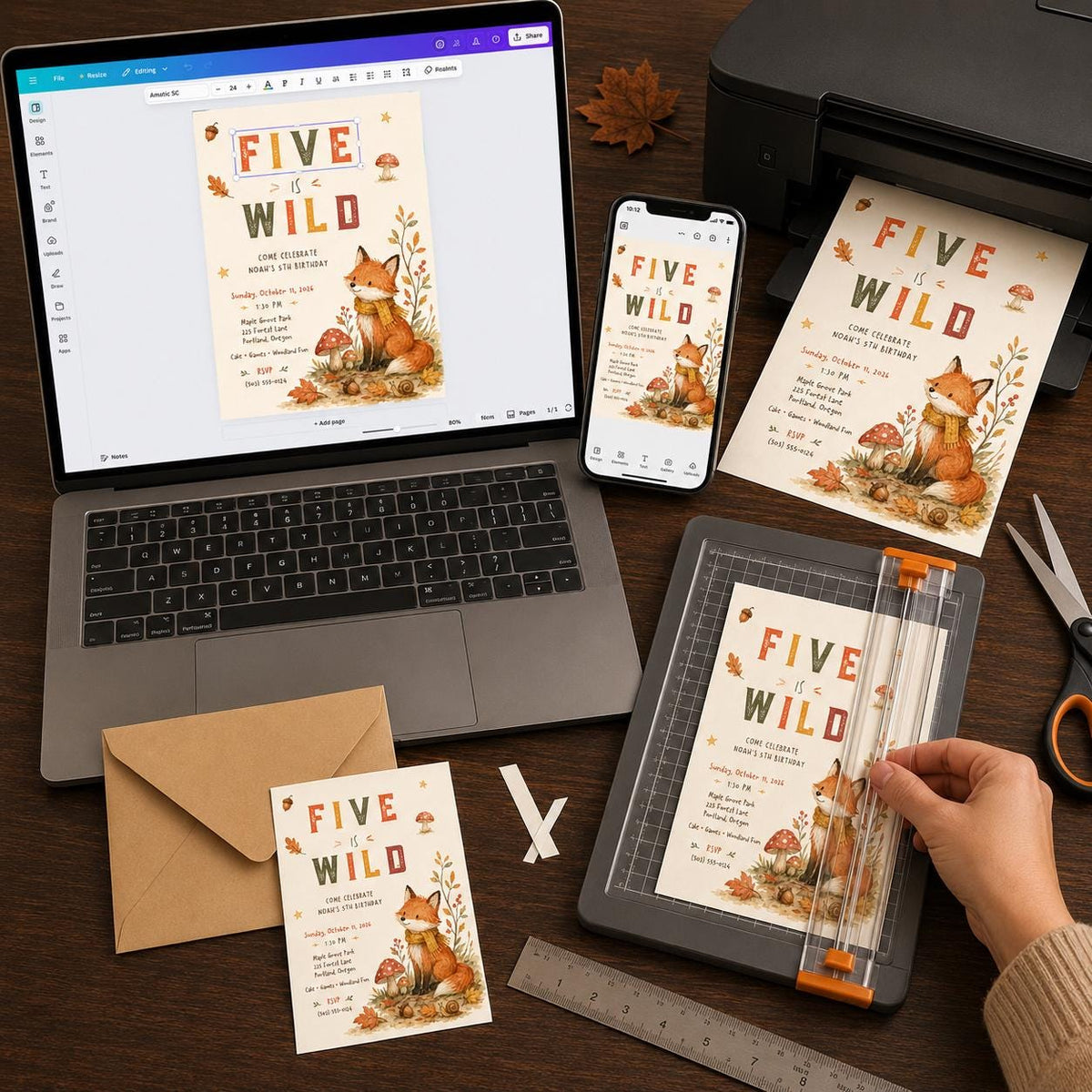 Woodland 5th Birthday Invitation — print-ready 5th birthday party design from VoltBy