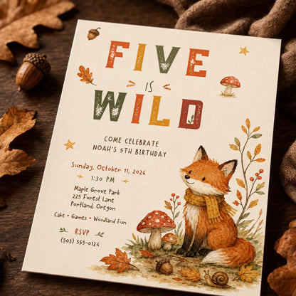 Woodland 5th Birthday Invitation — digital invitation, instant download