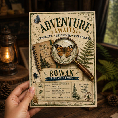 Woodland Adventure 7th Birthday Invitation — print-ready 7th birthday party design from VoltBy