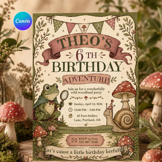 Woodland Birthday Invitation — editable Canva template