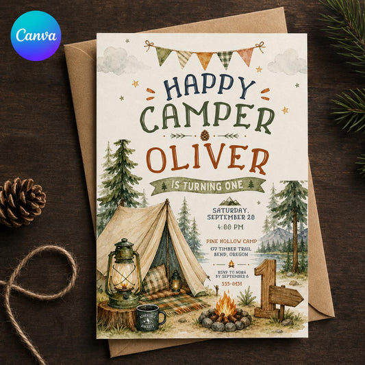 Woodland Camping First Birthday Invitation — editable Canva template