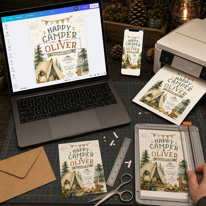 Woodland Camping First Birthday Invitation — digital invitation, instant download