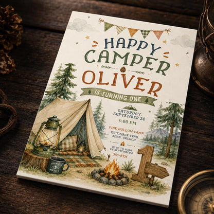 Woodland Camping First Birthday Invitation — first birthday stationery by VoltBy