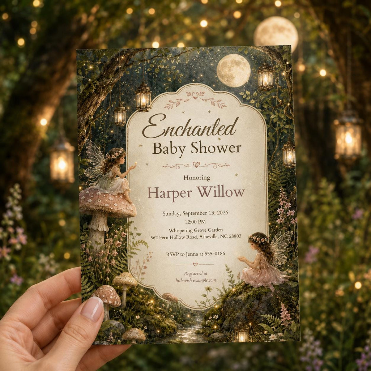 Woodland Enchanted Fairy Baby Shower Invitation — invitation you personalize in Canva