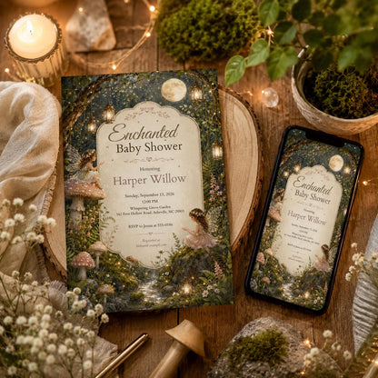 Woodland Enchanted Fairy Baby Shower Invitation — print-ready baby shower design from VoltBy