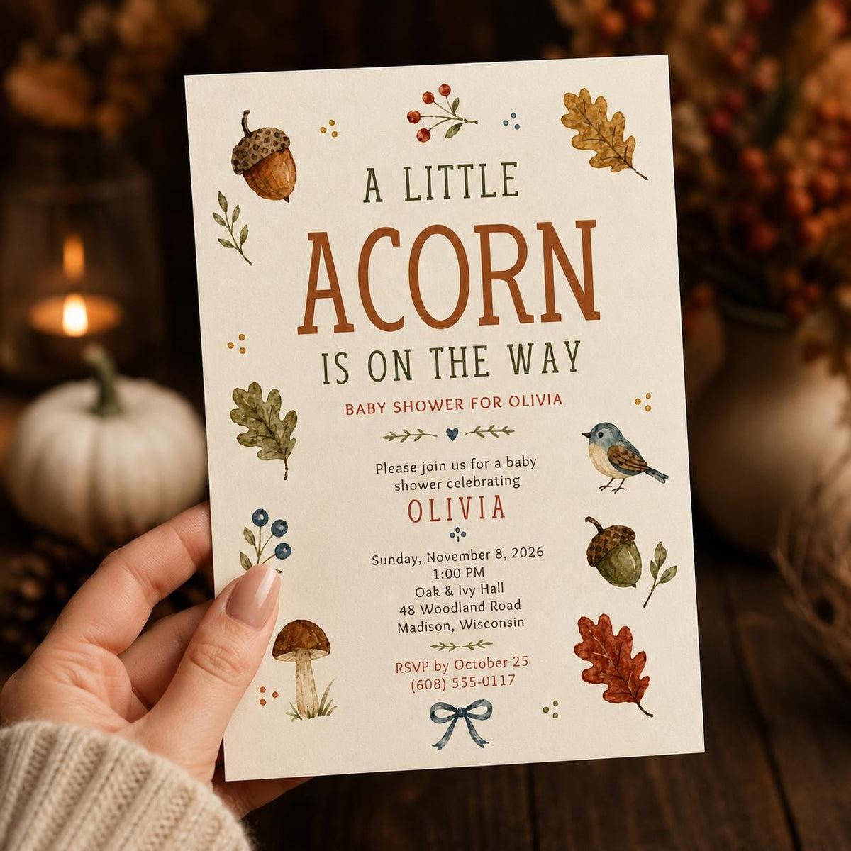 Woodland Fall Baby Shower Invitation — print-ready baby shower design from VoltBy