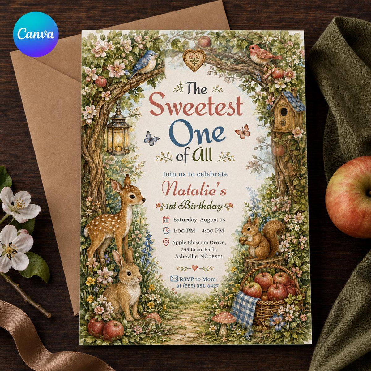 Woodland First Birthday Invitation for Girls — editable Canva template