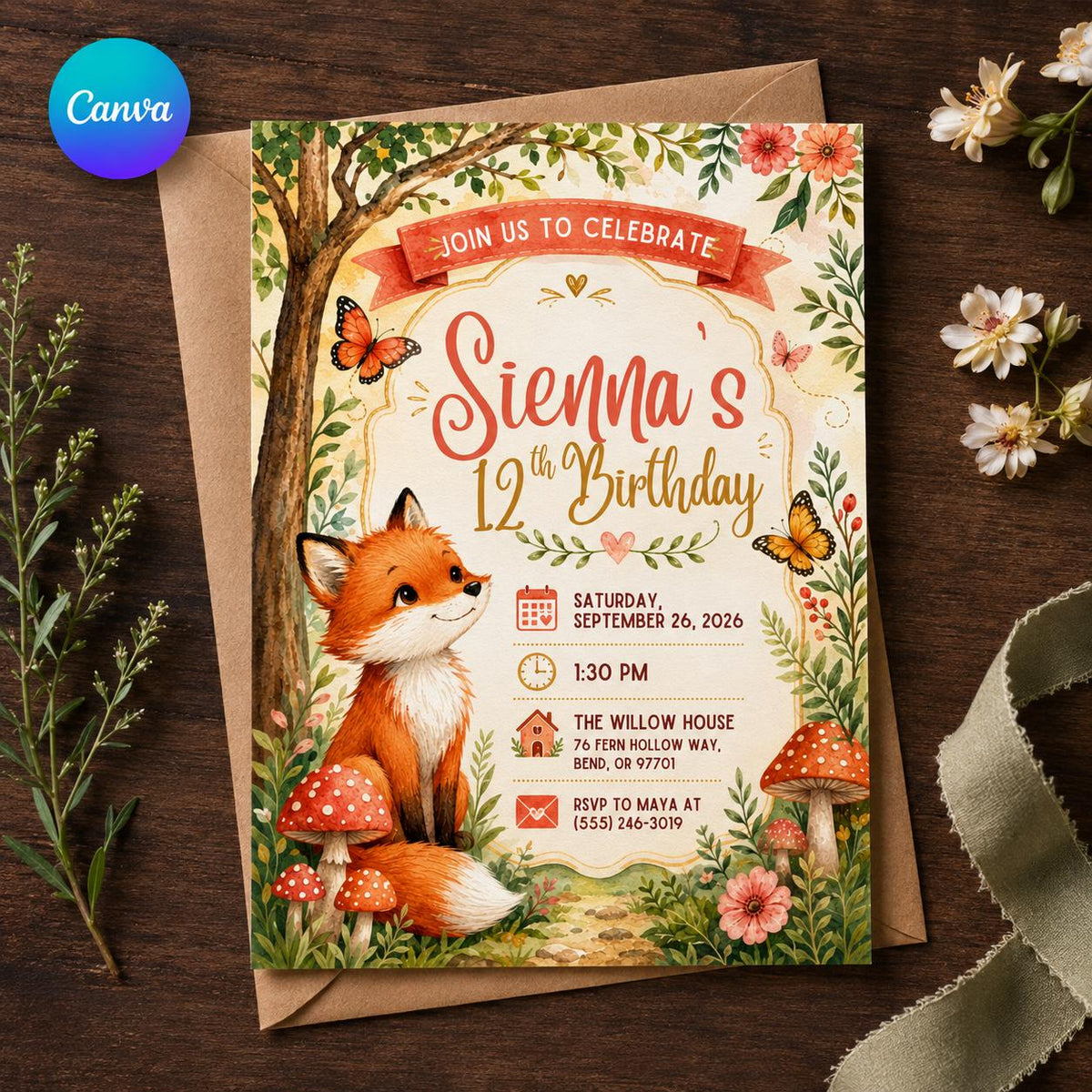 Woodland Fox 12th Birthday Invitation — editable Canva template