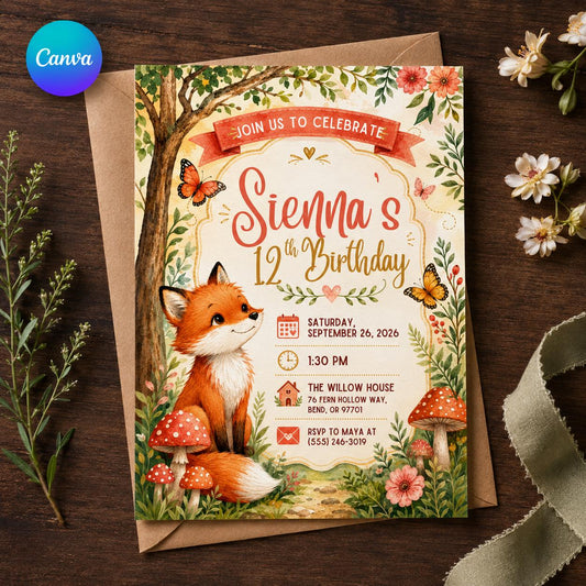 Woodland Fox 12th Birthday Invitation — editable Canva template