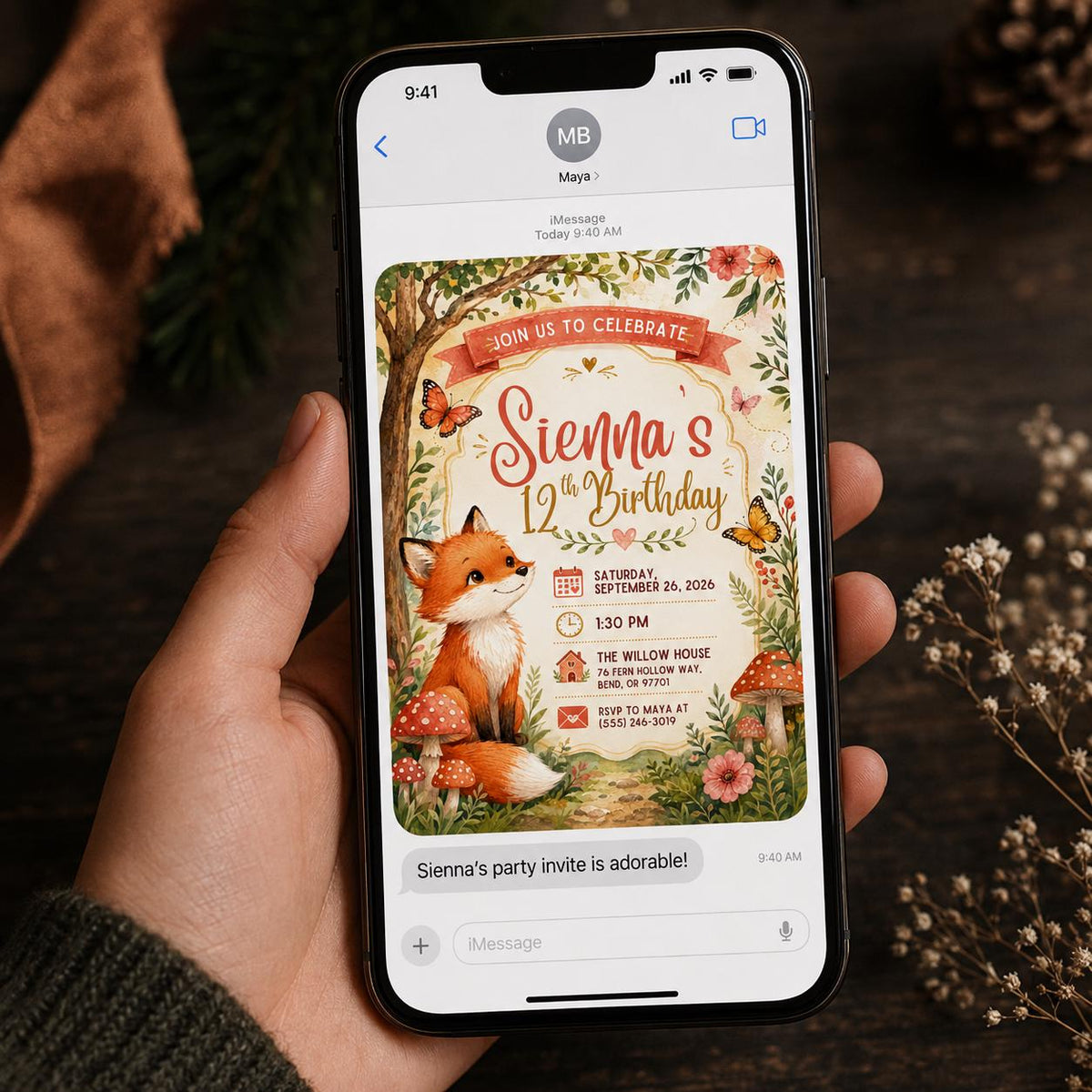 Woodland Fox 12th Birthday Invitation — invitation you personalize in Canva