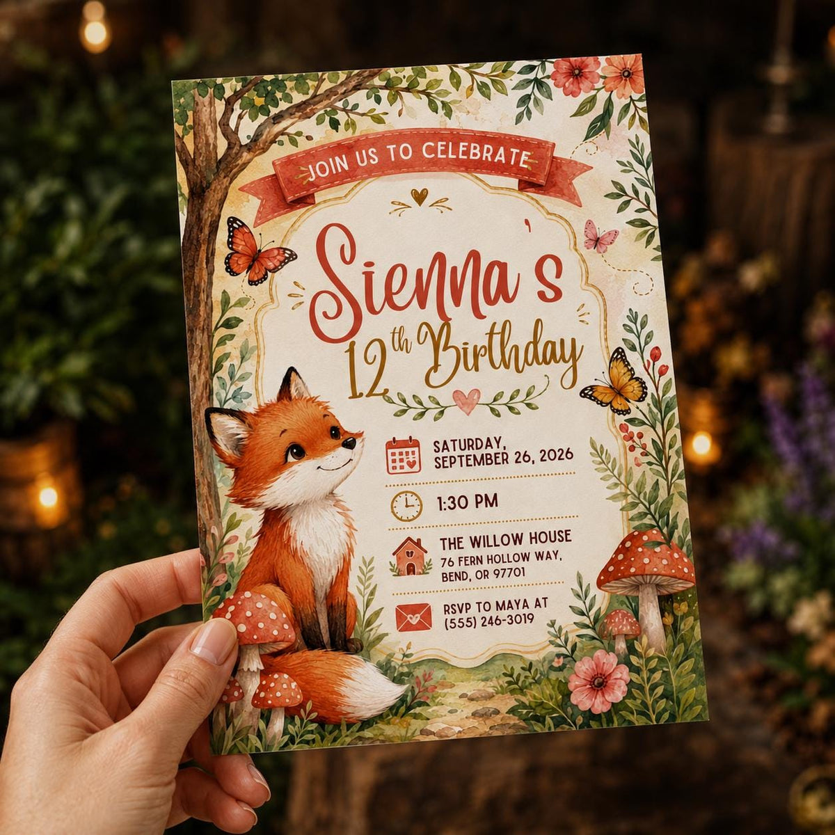 Woodland Fox 12th Birthday Invitation — print-ready 12th birthday party design from VoltBy