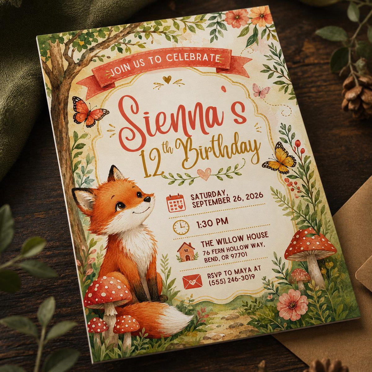 Woodland Fox 12th Birthday Invitation — 12th birthday party stationery by VoltBy