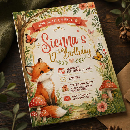 Woodland Fox 12th Birthday Invitation — 12th birthday party stationery by VoltBy